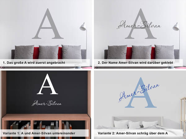Verschiedene Anordnungen des Wandtattoos Amer-Silvan