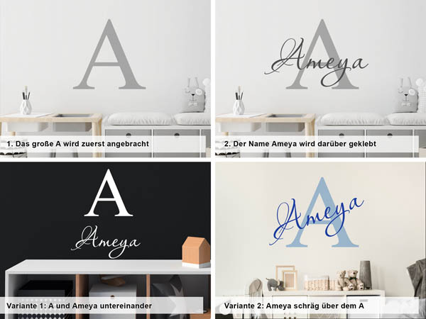 Verschiedene Anordnungen des Wandtattoos Ameya