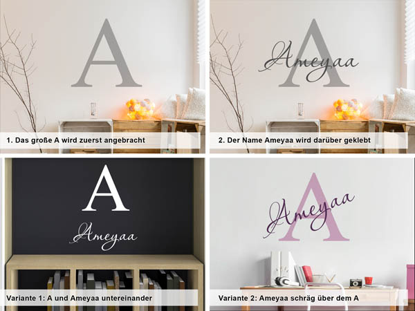 Verschiedene Anordnungen des Wandtattoos Ameyaa