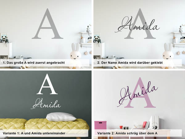 Verschiedene Anordnungen des Wandtattoos Amida