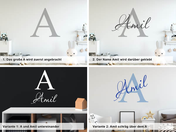 Verschiedene Anordnungen des Wandtattoos Amil