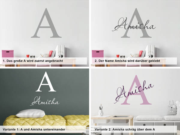 Verschiedene Anordnungen des Wandtattoos Amisha