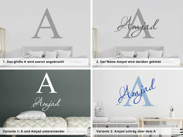Verschiedene Anordnungen des Wandtattoos Amjad