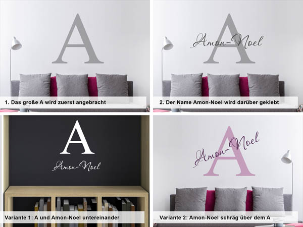 Verschiedene Anordnungen des Wandtattoos Amon-Noel