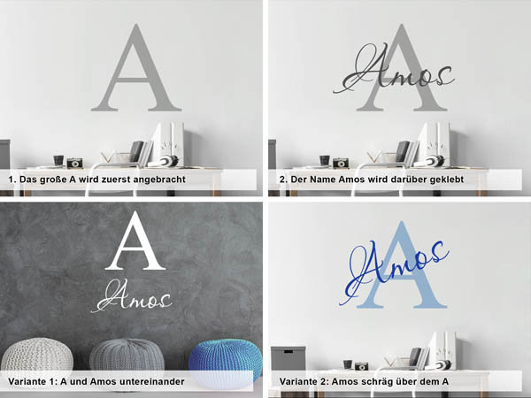 Verschiedene Anordnungen des Wandtattoos Amos