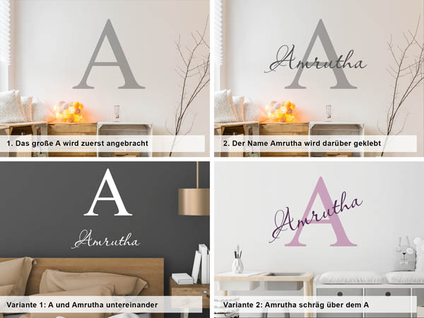 Verschiedene Anordnungen des Wandtattoos Amrutha