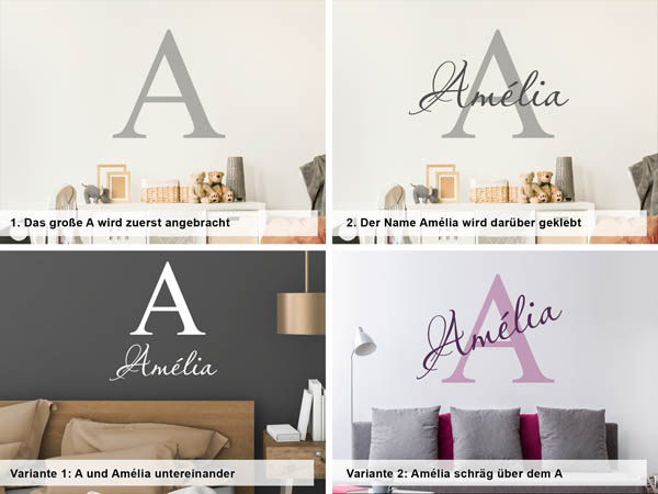 Verschiedene Anordnungen des Wandtattoos Amélia
