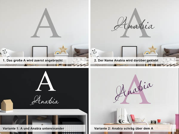 Verschiedene Anordnungen des Wandtattoos Anabia