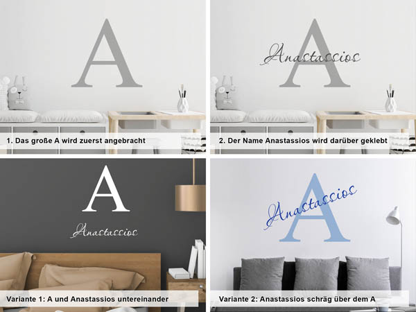 Verschiedene Anordnungen des Wandtattoos Anastassios