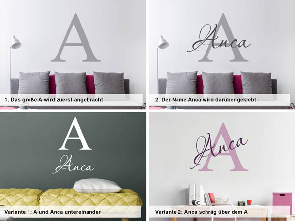 Verschiedene Anordnungen des Wandtattoos Anca