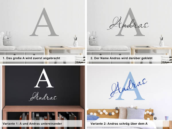 Verschiedene Anordnungen des Wandtattoos Andras
