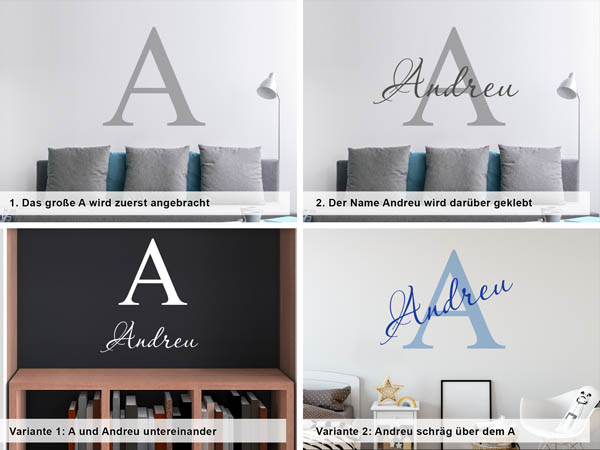 Verschiedene Anordnungen des Wandtattoos Andreu