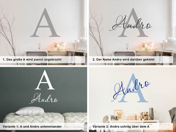 Verschiedene Anordnungen des Wandtattoos Andro