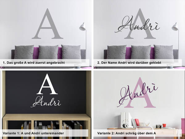 Verschiedene Anordnungen des Wandtattoos Andrì