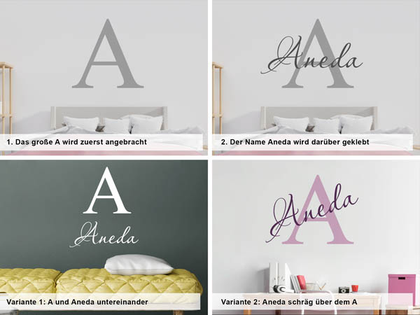 Verschiedene Anordnungen des Wandtattoos Aneda