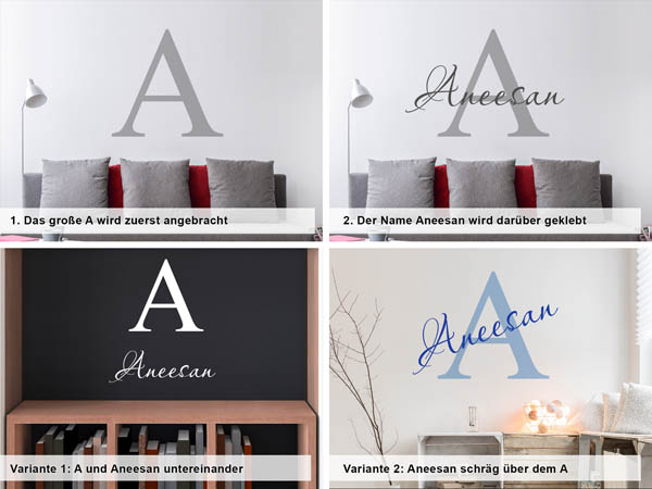 Verschiedene Anordnungen des Wandtattoos Aneesan
