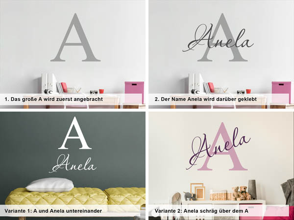Verschiedene Anordnungen des Wandtattoos Anela