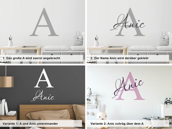 Verschiedene Anordnungen des Wandtattoos Anic