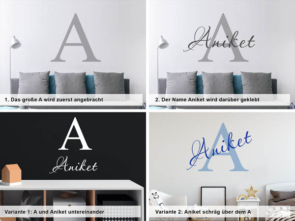 Verschiedene Anordnungen des Wandtattoos Aniket