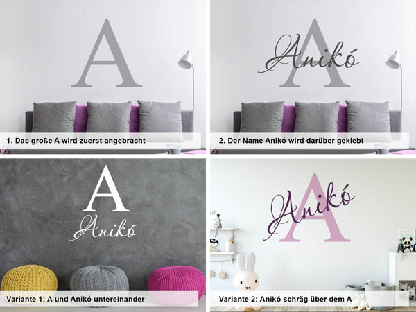 Verschiedene Anordnungen des Wandtattoos Anikó