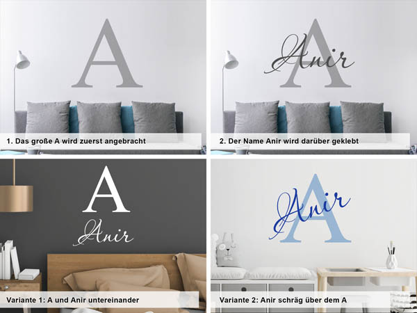 Verschiedene Anordnungen des Wandtattoos Anir