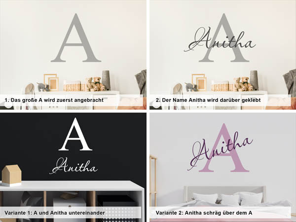 Verschiedene Anordnungen des Wandtattoos Anitha