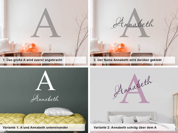 Verschiedene Anordnungen des Wandtattoos Annabeth