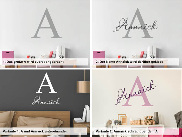 Verschiedene Anordnungen des Wandtattoos Annaïck
