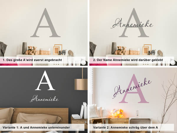 Verschiedene Anordnungen des Wandtattoos Annemieke