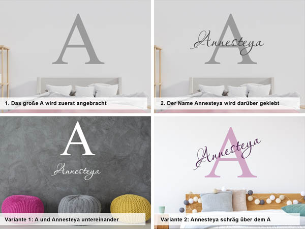 Verschiedene Anordnungen des Wandtattoos Annesteya