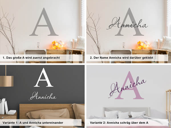 Verschiedene Anordnungen des Wandtattoos Annicha