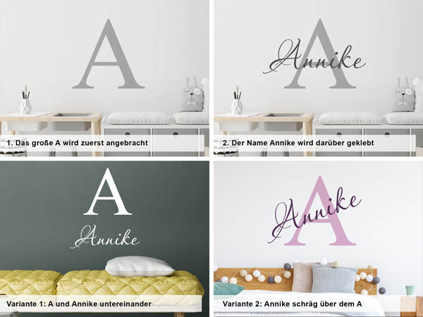 Verschiedene Anordnungen des Wandtattoos Annike