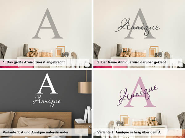 Verschiedene Anordnungen des Wandtattoos Annique