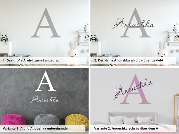 Verschiedene Anordnungen des Wandtattoos Anoushka