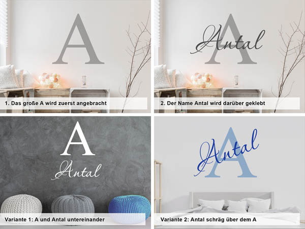 Verschiedene Anordnungen des Wandtattoos Antal
