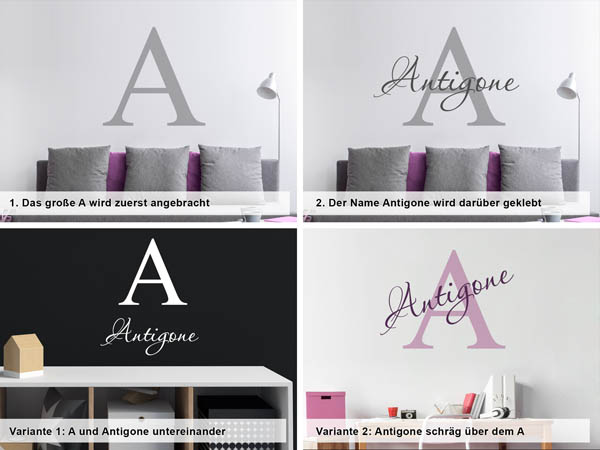 Verschiedene Anordnungen des Wandtattoos Antigone