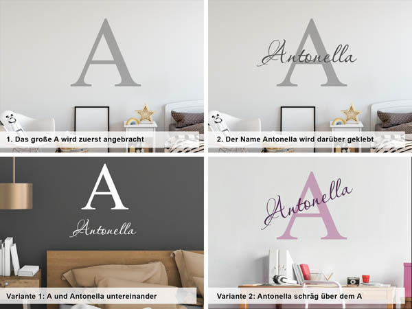 Verschiedene Anordnungen des Wandtattoos Antonella