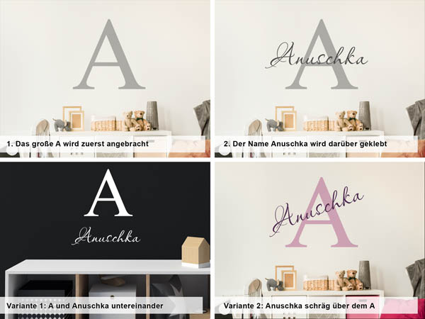 Verschiedene Anordnungen des Wandtattoos Anuschka