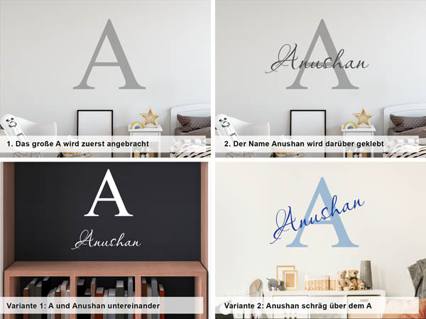 Verschiedene Anordnungen des Wandtattoos Anushan