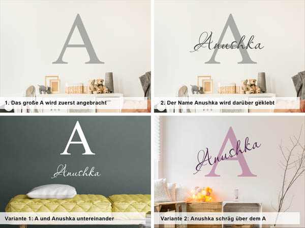Verschiedene Anordnungen des Wandtattoos Anushka