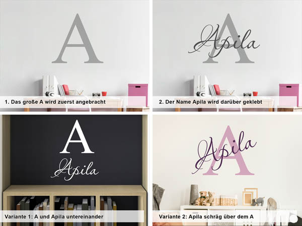 Verschiedene Anordnungen des Wandtattoos Apila