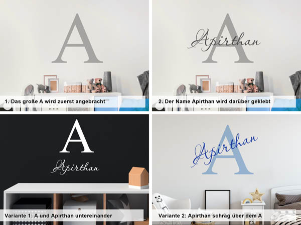 Verschiedene Anordnungen des Wandtattoos Apirthan