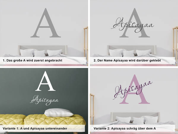 Verschiedene Anordnungen des Wandtattoos Apisayaa