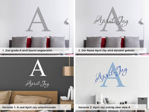 Verschiedene Anordnungen des Wandtattoos April-Jay