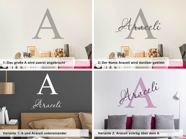Verschiedene Anordnungen des Wandtattoos Araceli