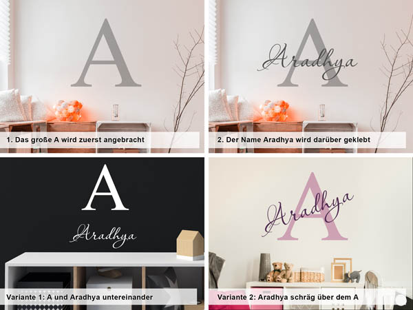 Verschiedene Anordnungen des Wandtattoos Aradhya