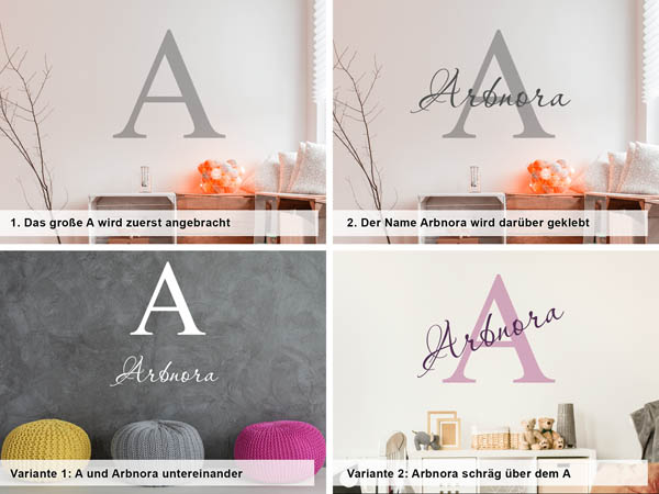 Verschiedene Anordnungen des Wandtattoos Arbnora
