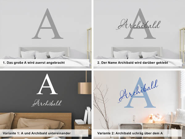 Verschiedene Anordnungen des Wandtattoos Archibald