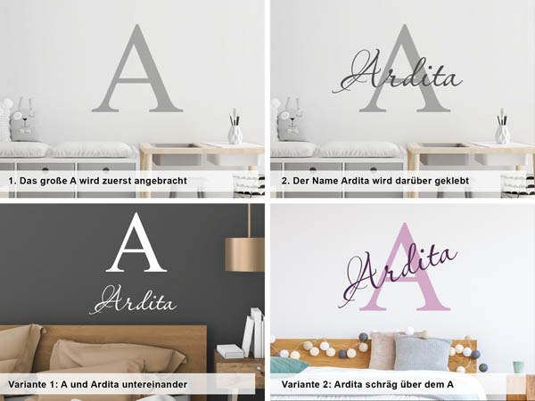 Verschiedene Anordnungen des Wandtattoos Ardita