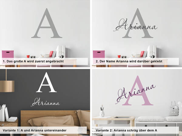 Verschiedene Anordnungen des Wandtattoos Arianna